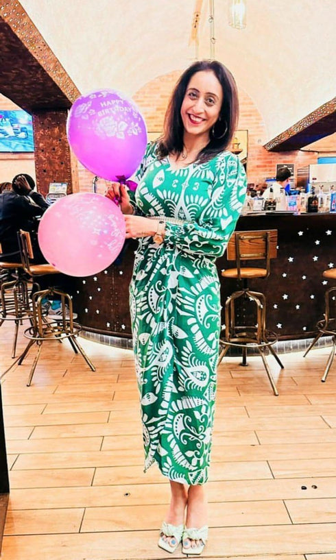 Green White Dress with Belt